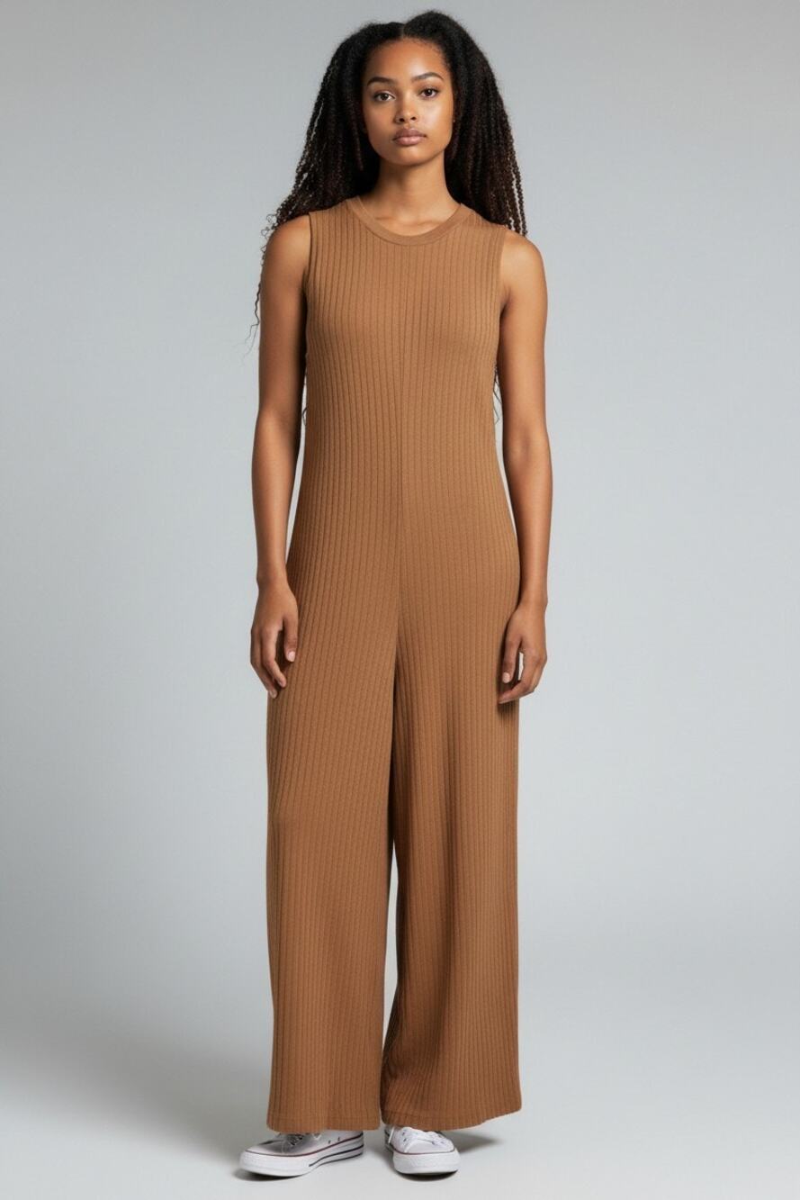 COS Ribbed Camel Brown Wide Leg Sleeveless Minimalist Jumpsuit Size XS
